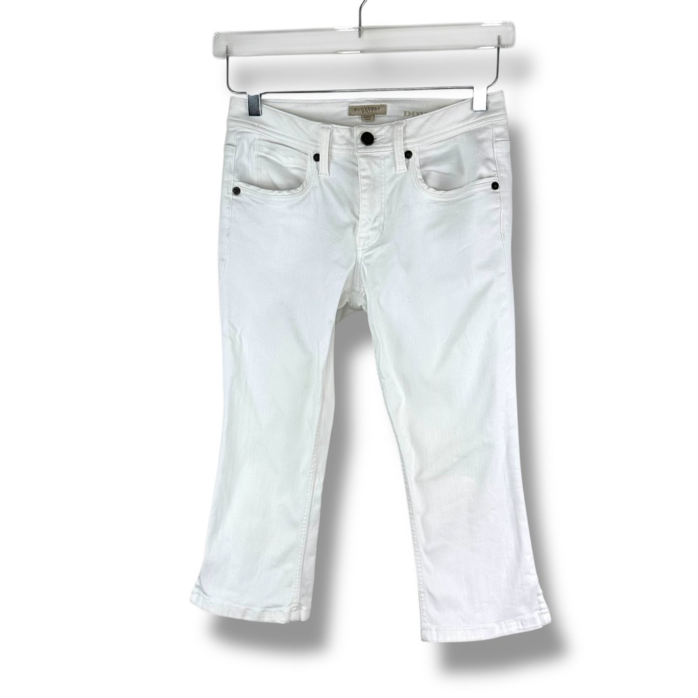 Burberry Brit Doverdale White Capri Jeans Womens 26 Cropped Check Trim Slit Hem
